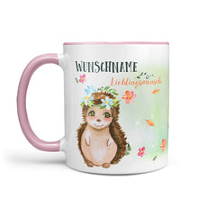 Tasse Lieblingsmensch – Igelin mit Blumenkranz und rosa Henkel - Sunnywall - Individualität trifft Design