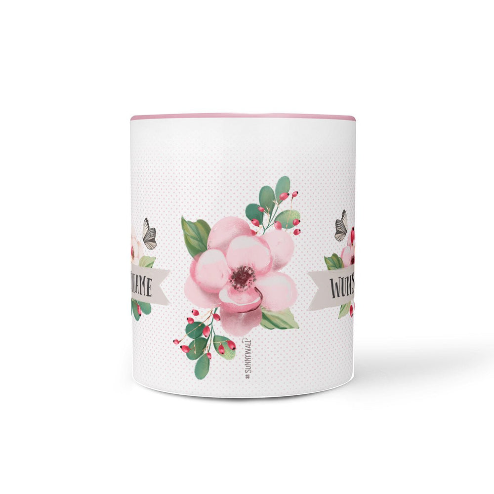 Tasse mit Name – Rosa Blumen mit Schmetterling - Sunnywall - Individualität trifft Design