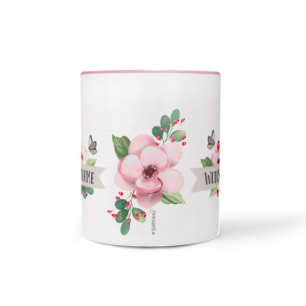 Tasse mit Name – Rosa Blumen mit Schmetterling - Sunnywall - Individualität trifft Design