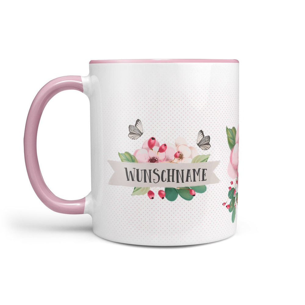 Tasse mit Name – Rosa Blumen mit Schmetterling - Sunnywall - Individualität trifft Design