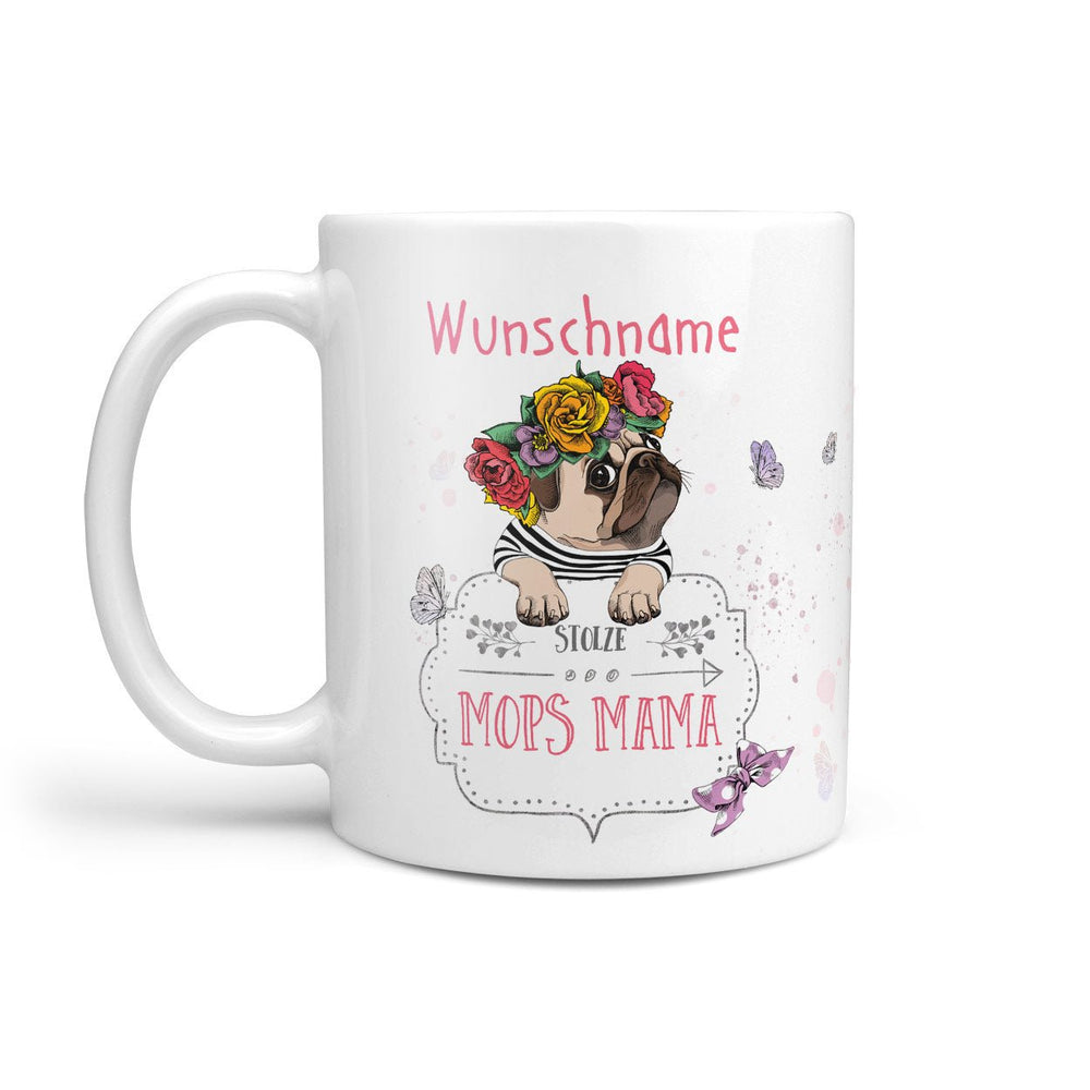 Tasse Mops Mama – personalisiert mit Wunschname und Blumenmops - Sunnywall - Individualität trifft Design