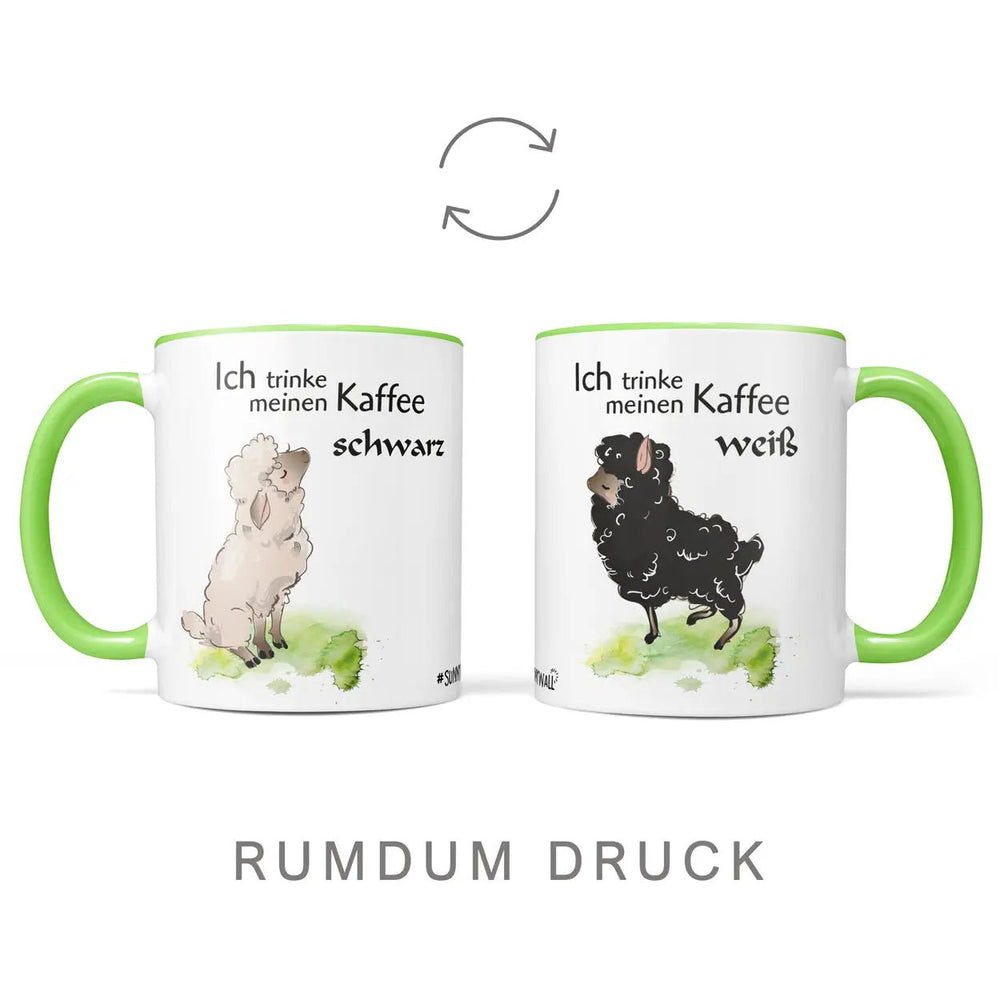Tasse Schaf Kaffee weiß – Lustige Spruchtasse mit Schafmotiv in Grün - Sunnywall - Individualität trifft Design