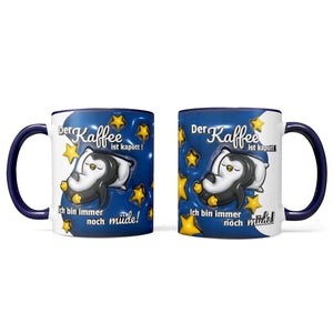 Tasse Spruch Kaffeetasse Kaffee kaputt! Ich bin immer noch müde! Pinguin - blau - Sunnywall - Individualität trifft Design