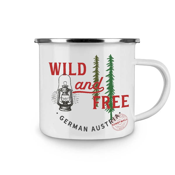 Tasse Wild and Free Camping – Emaille-Tasse im Outdoor-Design mit Waldmotiv - Sunnywall - Individualität trifft Design