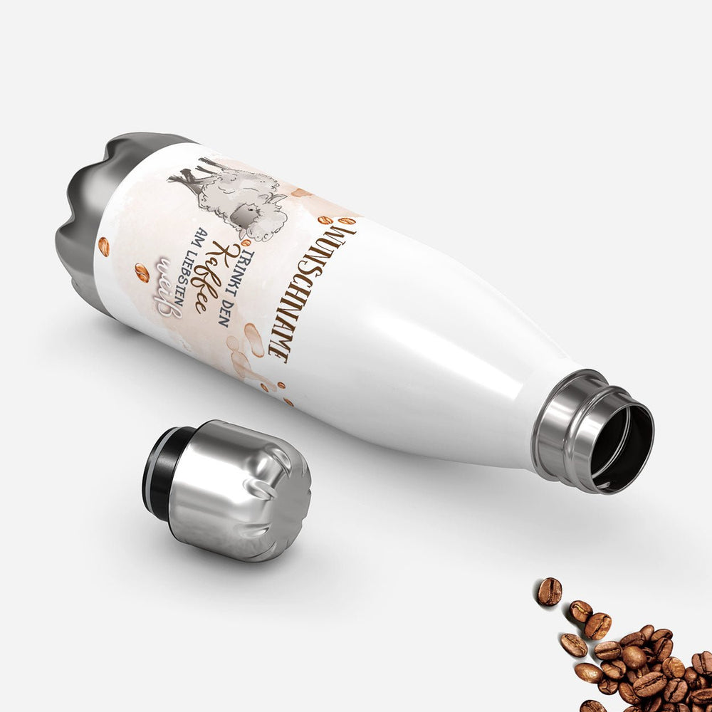 Thermosflasche 500 ml – Weißes Schaf & Kaffee mit Wunschname - Sunnywall - Individualität trifft Design