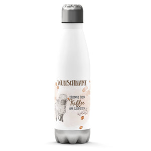 Thermosflasche 500 ml – Weißes Schaf & Kaffee mit Wunschname - Sunnywall - Individualität trifft Design