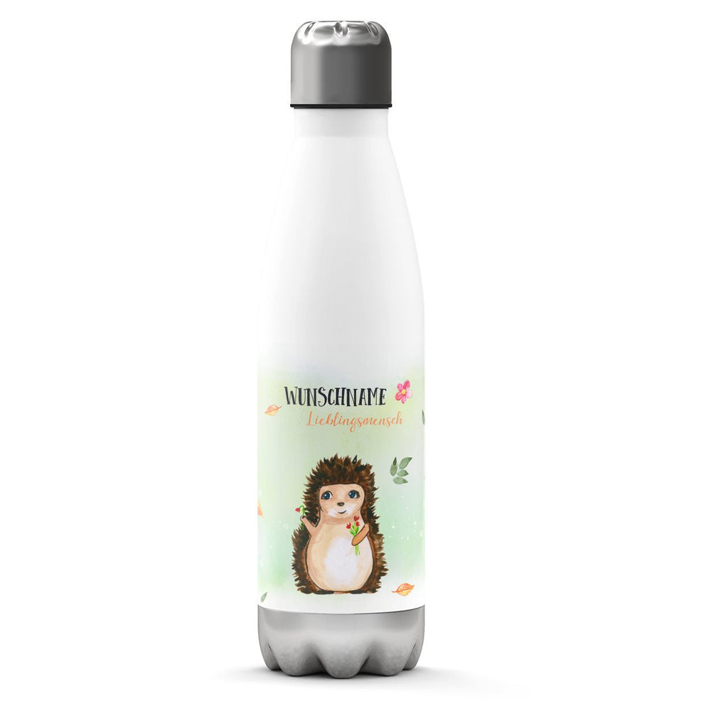 Thermosflasche 500 ml – Wunschname als Lieblingsmensch mit Igel & Blumenstrauß - Sunnywall - Individualität trifft Design