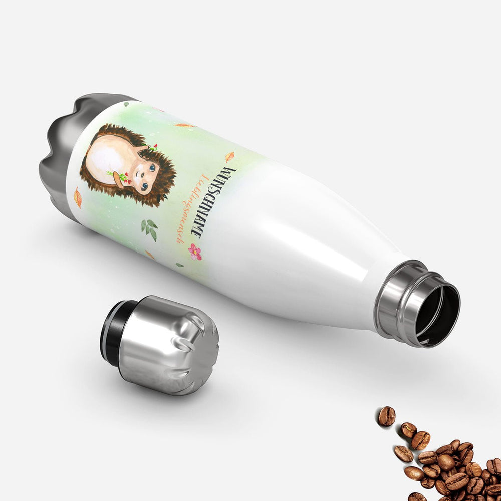 Thermosflasche 500 ml – Wunschname als Lieblingsmensch mit Igel & Blumenstrauß - Sunnywall - Individualität trifft Design