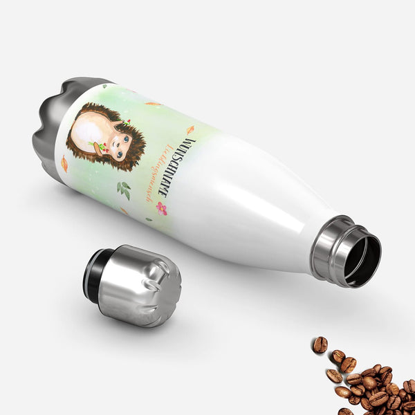 Thermosflasche 500 ml – Wunschname als Lieblingsmensch mit Igel & Blumenstrauß - Sunnywall - Individualität trifft Design