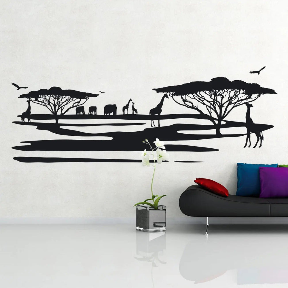 Wandtattoo Afrika Elefant – Savannenlandschaft mit Giraffen und Bäumen 160x60 cm - Sunnywall - Individualität trifft Design