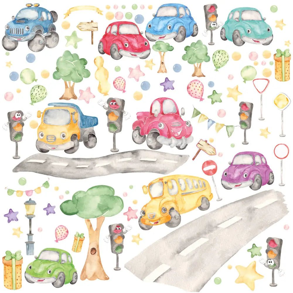 Wandtattoo Autos Kinderzimmer – XXL Set mit Fahrzeugen, Straße & Verkehrsschildern - Sunnywall - Individualität trifft Design