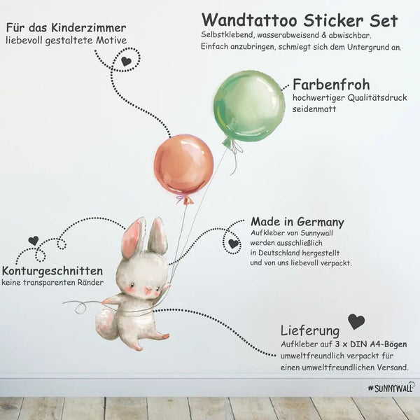 Wandtattoo Ballon Hasen Kinderzimmer Wandaufkleber Set – Niedliche Häschen mit Ballons - Sunnywall - Individualität trifft Design