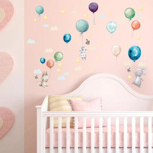 Wandtattoo Ballon Hasen Kinderzimmer Wandaufkleber Set – Niedliche Häschen mit Ballons - Sunnywall - Individualität trifft Design