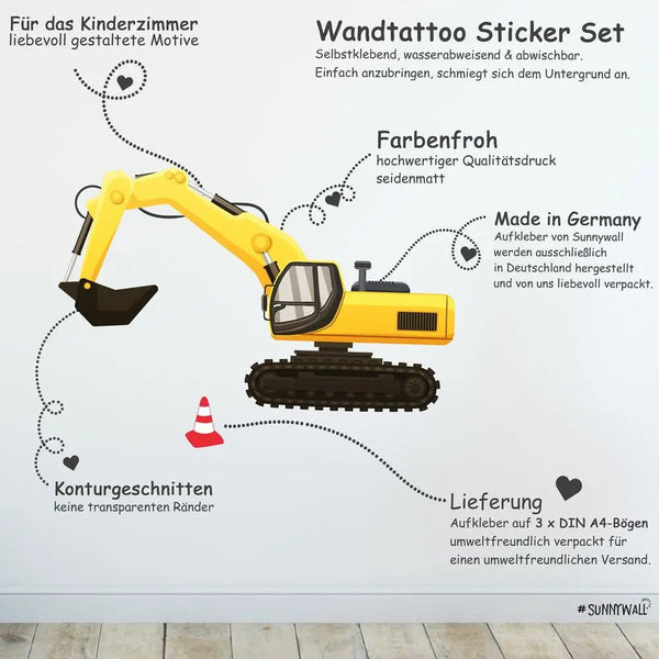 Wandtattoo Baufahrzeuge Kinderzimmer Wandaufkleber Set - Sunnywall - Individualität trifft Design