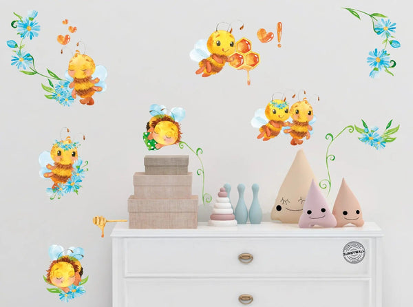 Wandtattoo Bienen Kinderzimmer – Farbenfrohes Blumenwiesen-Set mit süßen Bienchen - Sunnywall - Individualität trifft Design