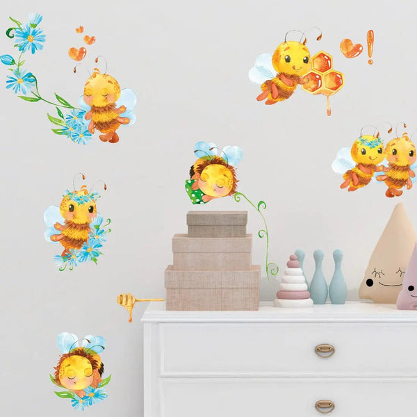 Wandtattoo Bienen Kinderzimmer – Farbenfrohes Blumenwiesen-Set mit süßen Bienchen - Sunnywall - Individualität trifft Design
