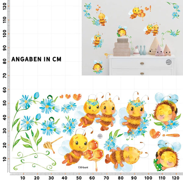 Wandtattoo Bienen Kinderzimmer – Farbenfrohes Blumenwiesen-Set mit süßen Bienchen - Sunnywall - Individualität trifft Design