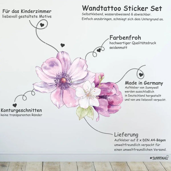 Wandtattoo Blumen Kinderzimmer Wandaufkleber Set – Florale Wanddeko - Sunnywall - Individualität trifft Design