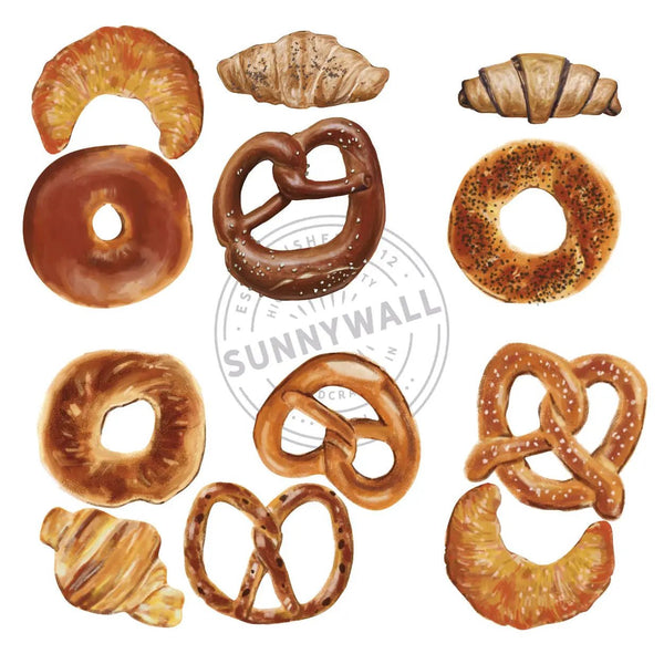 Wandtattoo Brezel Set Küche – Aquarell-Sticker mit 12 Motiven für Café, Küche & Bäckerei - Sunnywall - Individualität trifft Design
