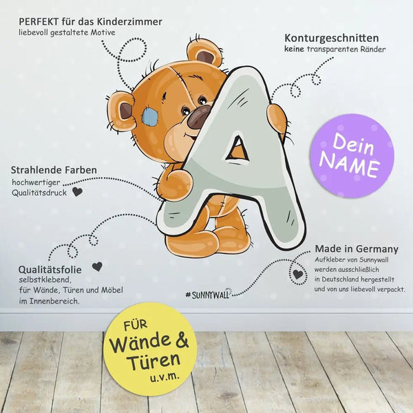 Wandtattoo Buchstaben Bären ABC – Wunschname aus A-Z für Kinderzimmer in A6 oder A4 - Sunnywall - Individualität trifft Design