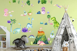 Wandtattoo Dinosaurier Kinderzimmer – Bunte Dino Welt mit Vulkan - Sunnywall - Individualität trifft Design