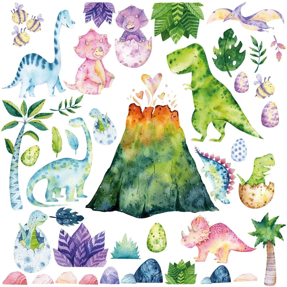 Wandtattoo Dinosaurier Kinderzimmer – Bunte Dino Welt mit Vulkan - Sunnywall - Individualität trifft Design