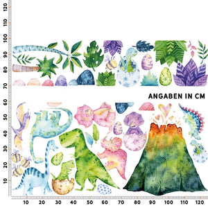 Wandtattoo Dinosaurier Kinderzimmer – Bunte Dino Welt mit Vulkan - Sunnywall - Individualität trifft Design