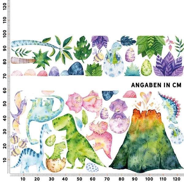 Wandtattoo Dinosaurier Kinderzimmer – Bunte Dino Welt mit Vulkan - Sunnywall - Individualität trifft Design