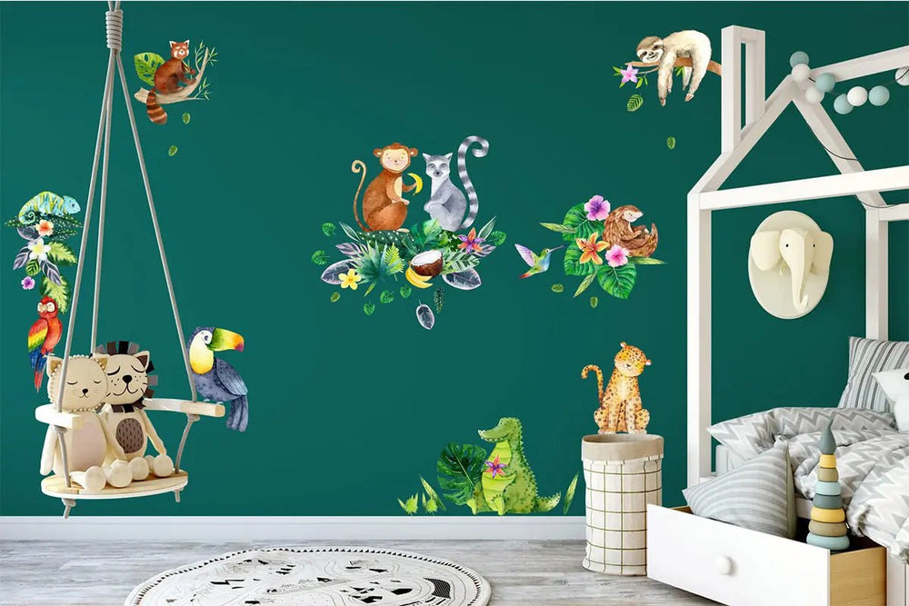 Wandtattoo Dschungel Tiere Kinderzimmer – Buntes Aufkleberset mit Affe, Faultier & Co. - Sunnywall - Individualität trifft Design