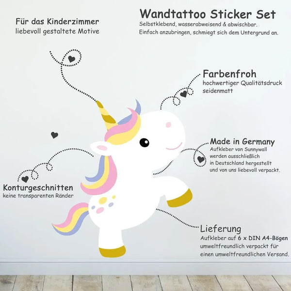 Wandtattoo Einhorn Kinderzimmer – süßes Regenbogen-Einhorn mit Sternen - Sunnywall - Individualität trifft Design