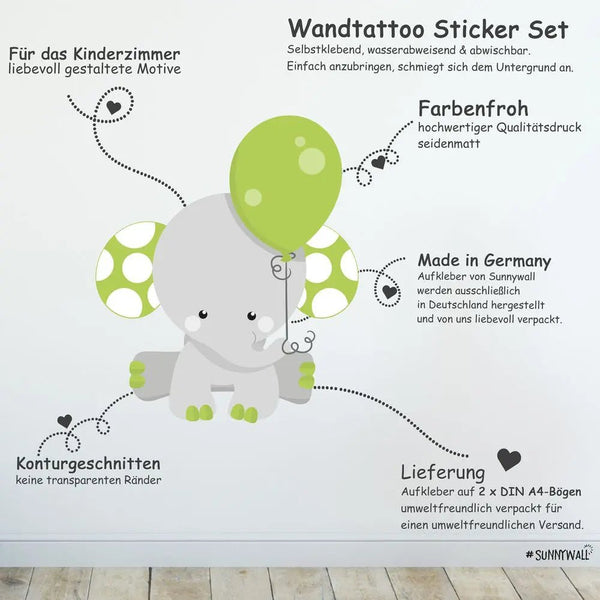 Wandtattoo Elefant Babyzimmer – Süßes Elefanten Motiv Sticker Set - Sunnywall - Individualität trifft Design