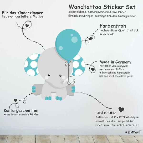 Wandtattoo Elefant Babyzimmer – Süßes Elefanten Motiv Sticker Set - Sunnywall - Individualität trifft Design