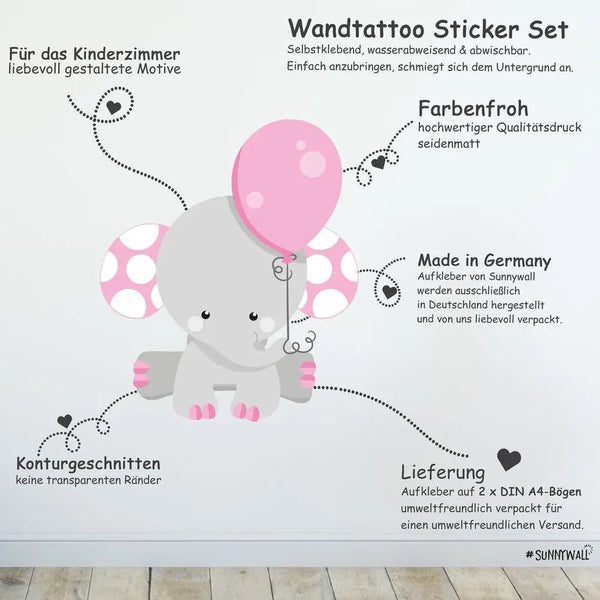 Wandtattoo Elefant Babyzimmer – Süßes Elefanten Motiv Sticker Set - Sunnywall - Individualität trifft Design