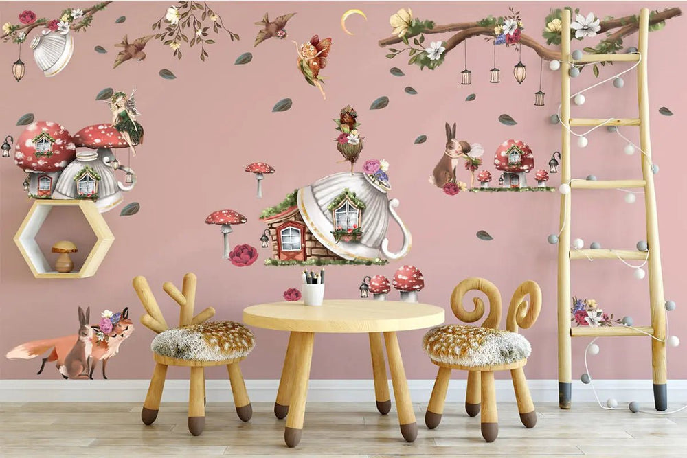 Wandtattoo Fee mit Pilzen und Waldtieren Feenzimmer XXL Set - Kinderzimmer Aufkleber bunt Wanddeko - Sunnywall - Individualität trifft Design