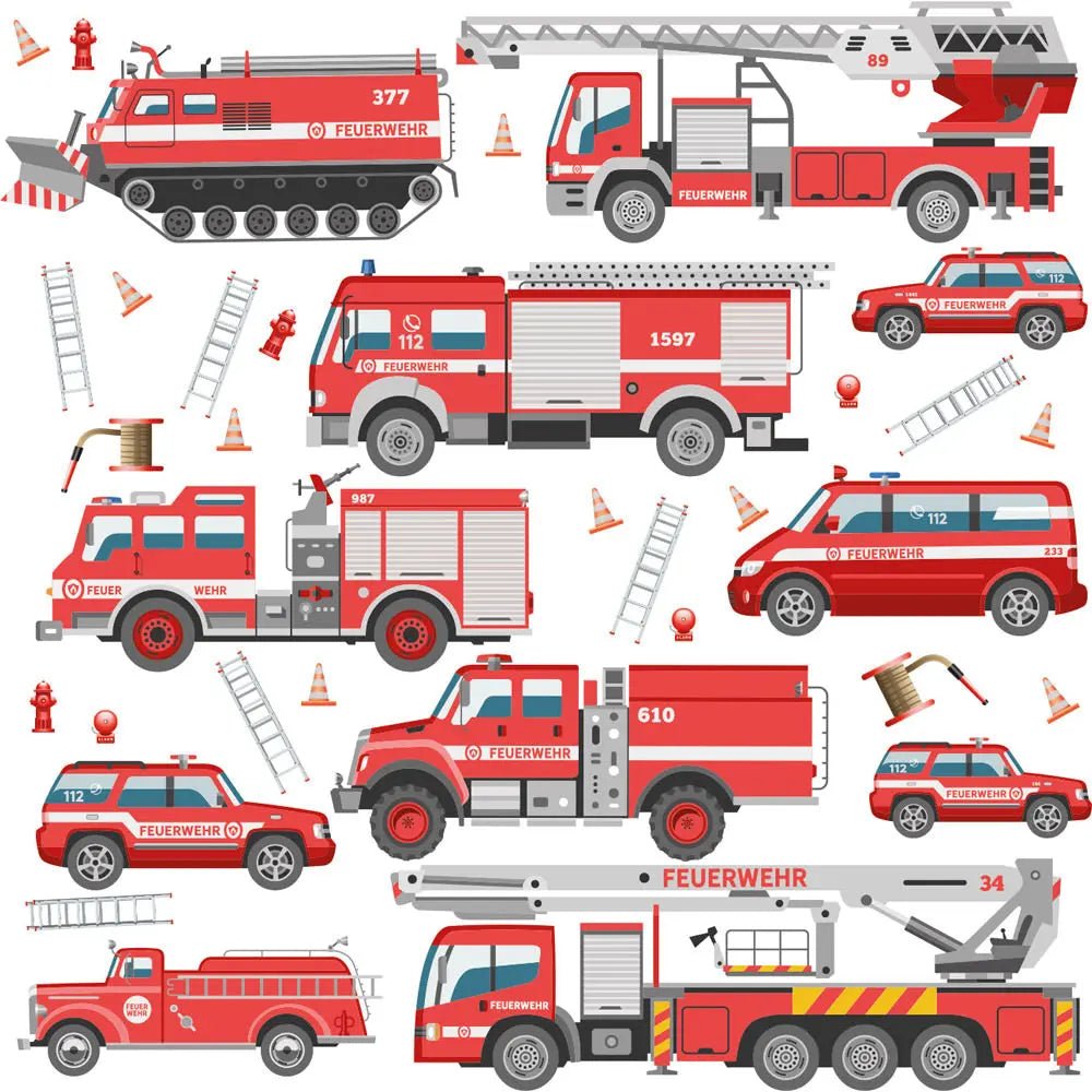 Wandtattoo Feuerwehr Fahrzeuge Einsatzwagen XXL Set - Kinderzimmer Aufkleber bunt Wanddeko - Sunnywall - Individualität trifft Design