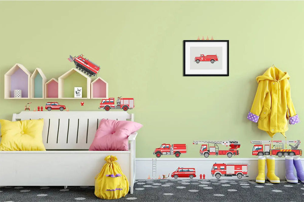 Wandtattoo Feuerwehr Fahrzeuge Einsatzwagen XXL Set - Kinderzimmer Aufkleber bunt Wanddeko - Sunnywall - Individualität trifft Design