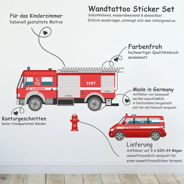 Wandtattoo Feuerwehr Fahrzeuge Kinderzimmer Wandaufkleber Set – Löschfahrzeuge & Rettungswagen - Sunnywall - Individualität trifft Design