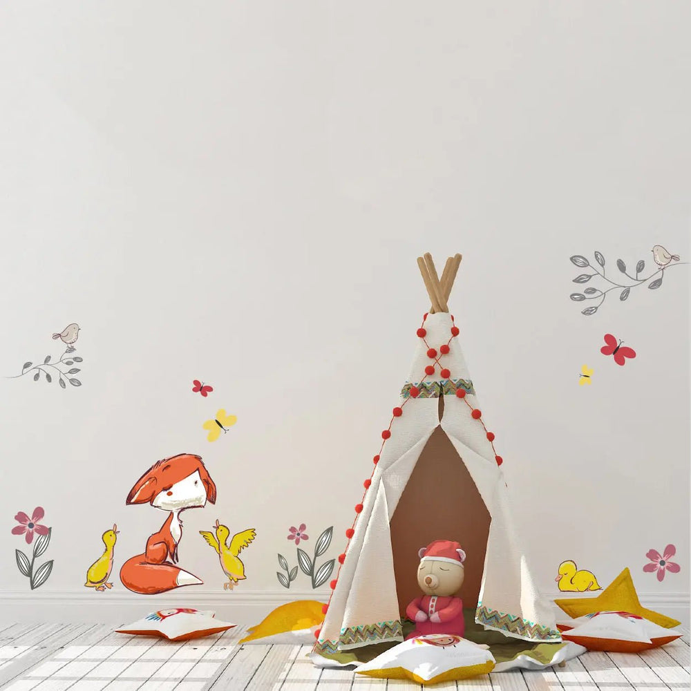 Wandtattoo Fuchs Kinderzimmer – Liebevoll gestaltetes Wiesenmotiv mit Enten Küken & Blumen - Sunnywall - Individualität trifft Design