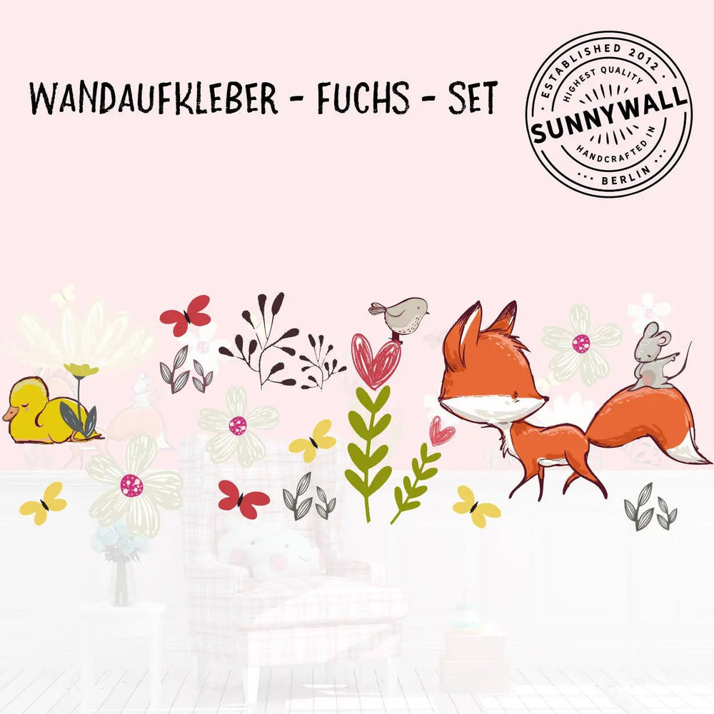 Wandtattoo Fuchs Maus Kinderzimmer – Fröhliches Set mit Blumen, Spatz & Ente - Sunnywall - Individualität trifft Design