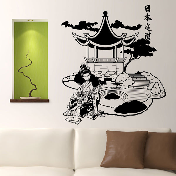 Wandtattoo Geisha Asiatisch – Detailreiche Szene am See mit Haus & Natur - Sunnywall - Individualität trifft Design