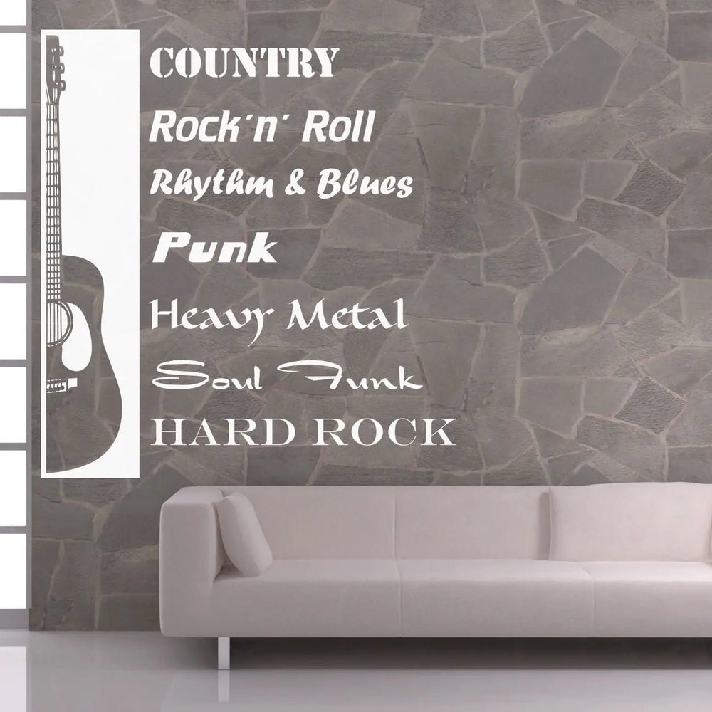 Wandtattoo Gitarre Musikrichtungen – Halbe Western-Gitarre mit Musikgenres als Typografie - Sunnywall - Individualität trifft Design