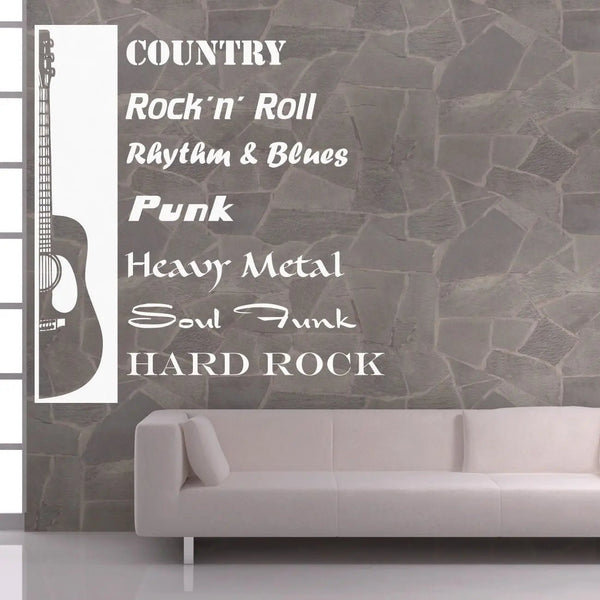 Wandtattoo Gitarre Musikrichtungen – Halbe Western-Gitarre mit Musikgenres als Typografie - Sunnywall - Individualität trifft Design
