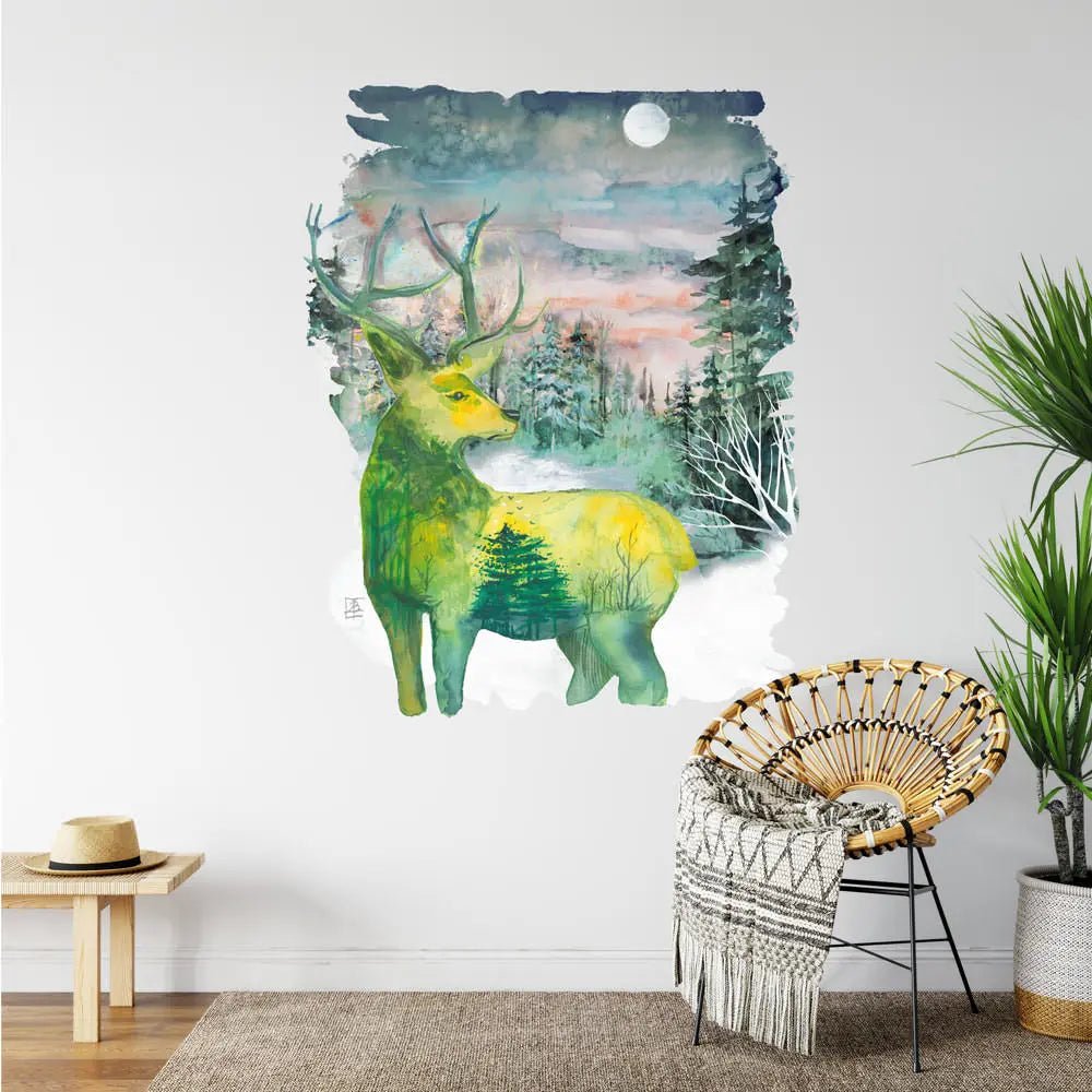Wandtattoo Grüner Hirsch Wald Symbiose | Aquarell - Sunnywall - Individualität trifft Design