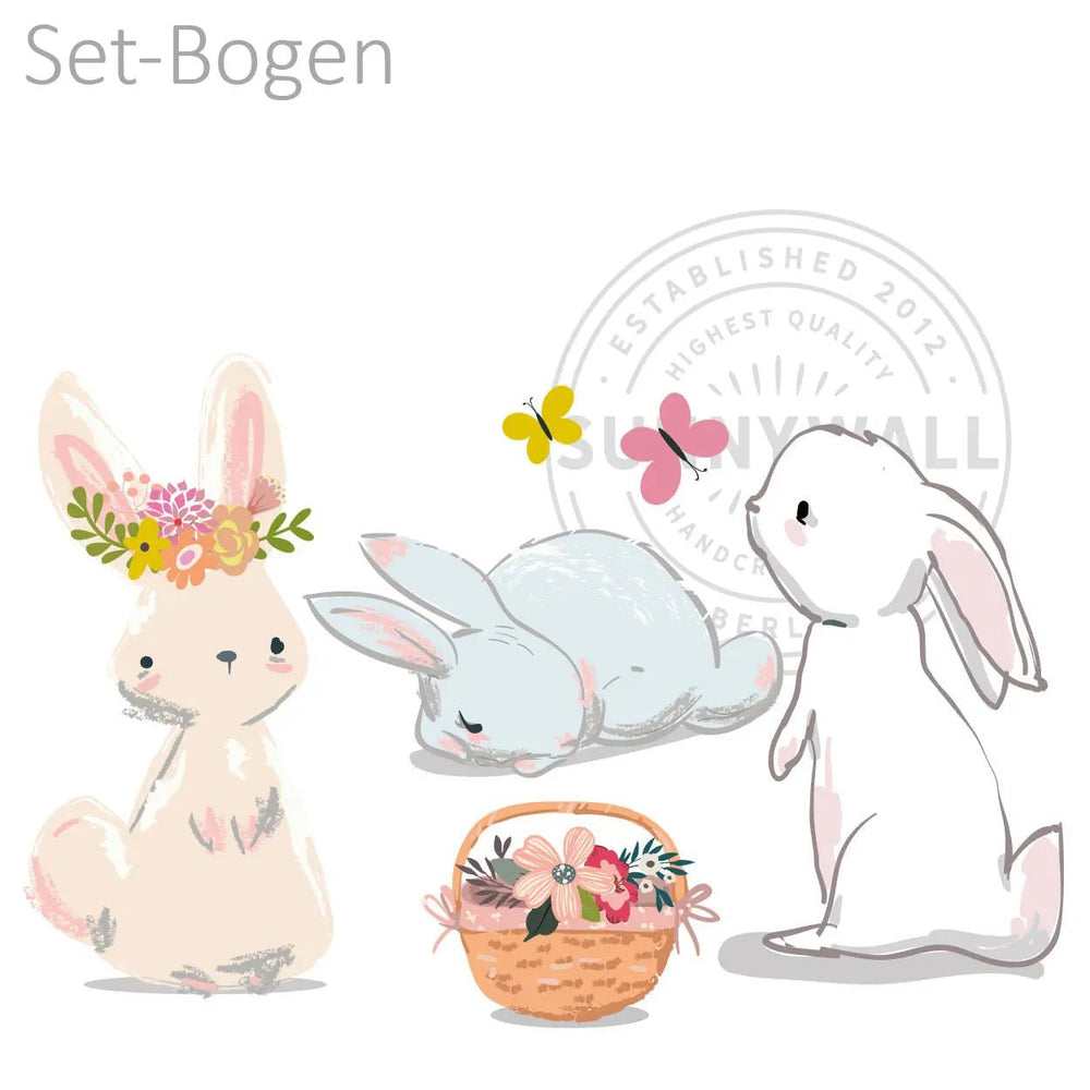 Wandtattoo - Hasen Set mit Blumenkorb und Schmetterlingen - Aufkleber - Sunnywall - Individualität trifft Design