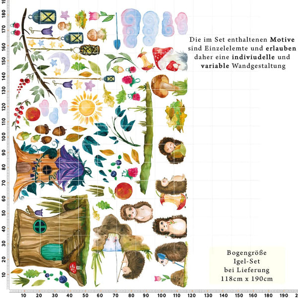 Wandtattoo Igelfamilie mit Heim XXL Set Waldtiere Igel Herbst - Sunnywall - Individualität trifft Design