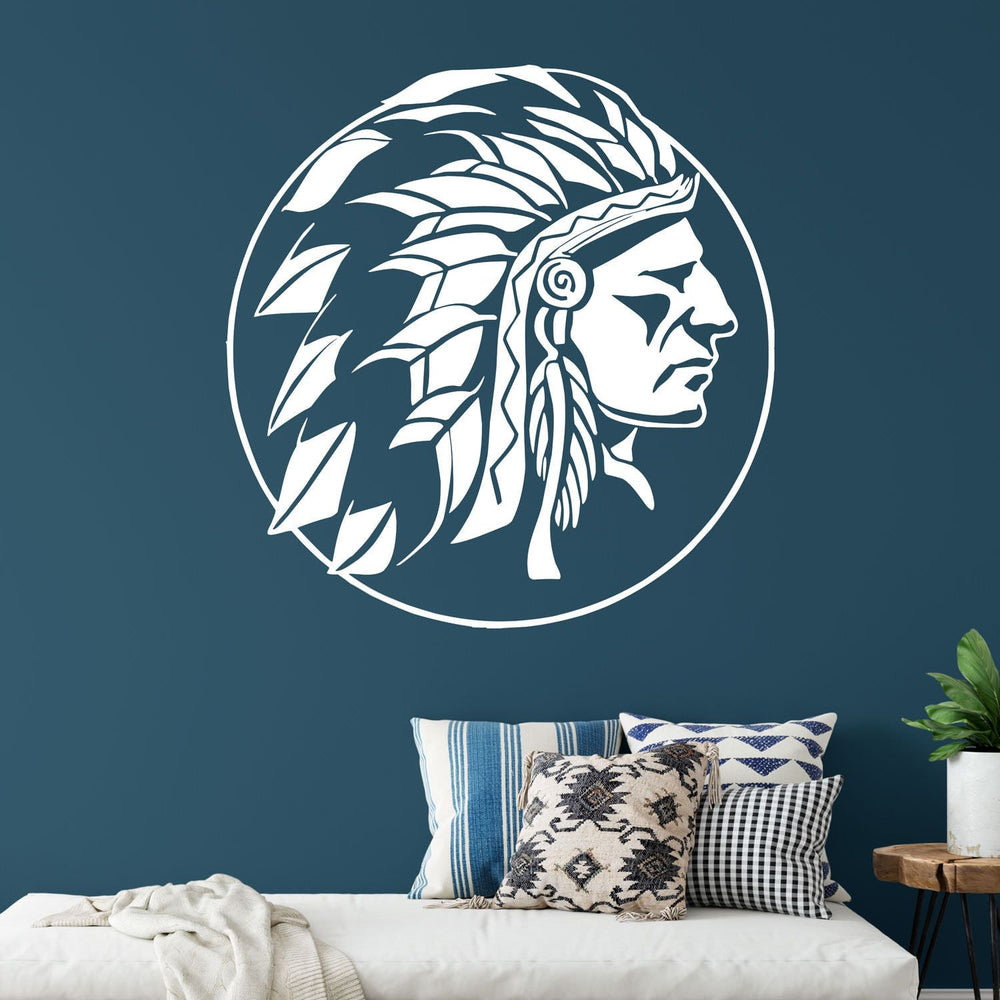 Wandtattoo Indianer Kopf im Seitenprofil mit rundem Rahmen | Stilvoller Wandaufkleber - Sunnywall - Individualität trifft Design