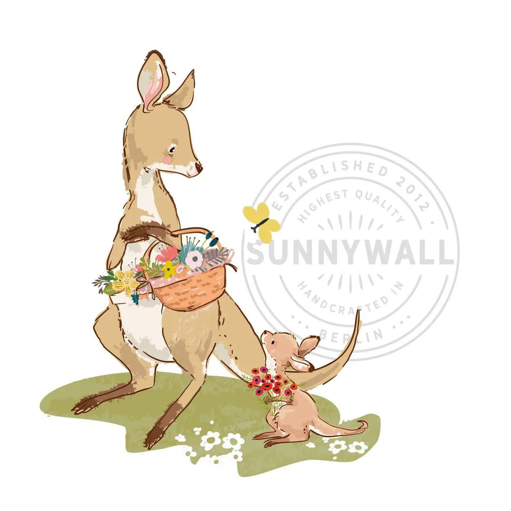 Wandtattoo - Känguru Mutter und Kind mit Blumenkorb - Aufkleber Wandsticker - Sunnywall - Individualität trifft Design