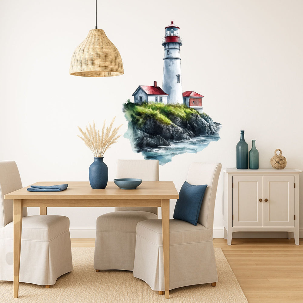 Wandtattoo Leuchtturm am Meer Aquarell – Maritim mit Felsen & Meerblick für Wohnzimmer & Küstendeko - Sunnywall - Individualität trifft Design