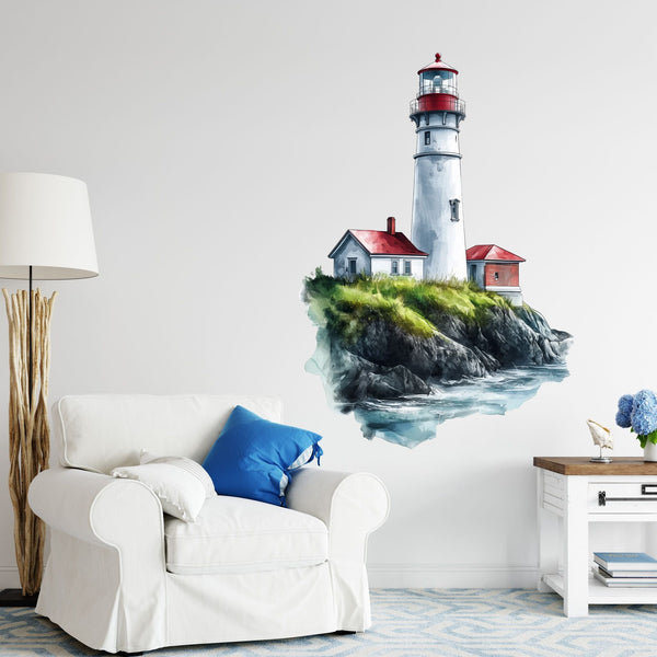 Wandtattoo Leuchtturm am Meer Aquarell – Maritim mit Felsen & Meerblick für Wohnzimmer & Küstendeko - Sunnywall - Individualität trifft Design