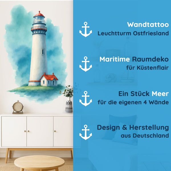 Wandtattoo Leuchtturm Aquarell Ostfriesland – Stilvoll maritime Szenerie für Wohnzimmer & Esszimmer - Sunnywall - Individualität trifft Design